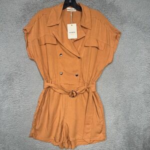 NWT Pull & Bear Belted Romper Women Sz M Orange Viscose Linen Blend Short Sleeve